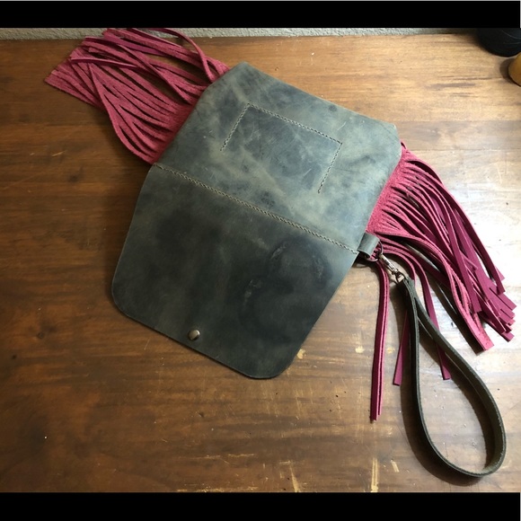 Hand made, grey and hot pink wristlet